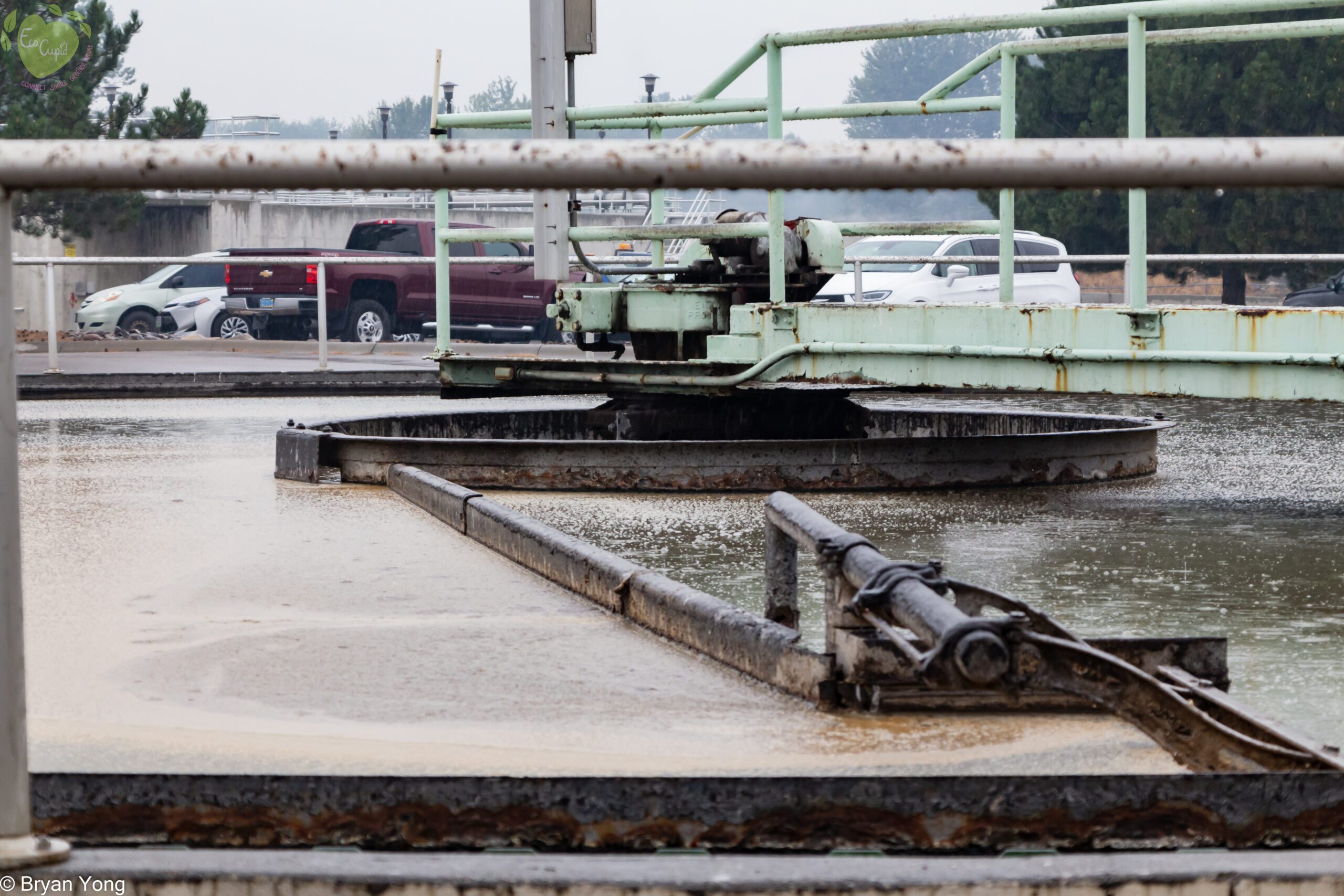Wastewater is being skimmed for floating solid residue and grease.