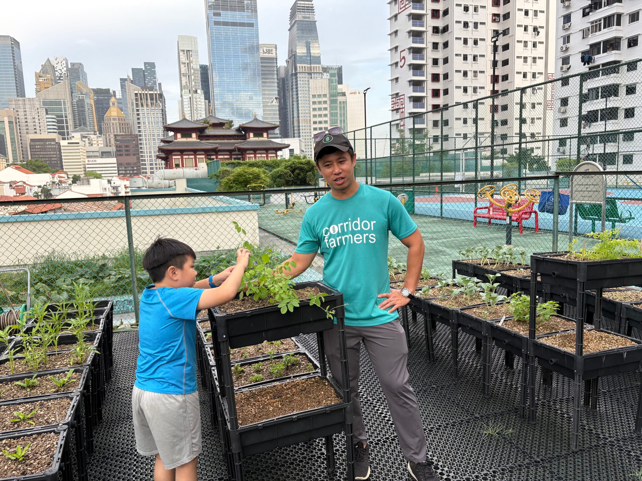 Rooftop farmer showing raised plots to a child, with Singapore skyline as backdrop