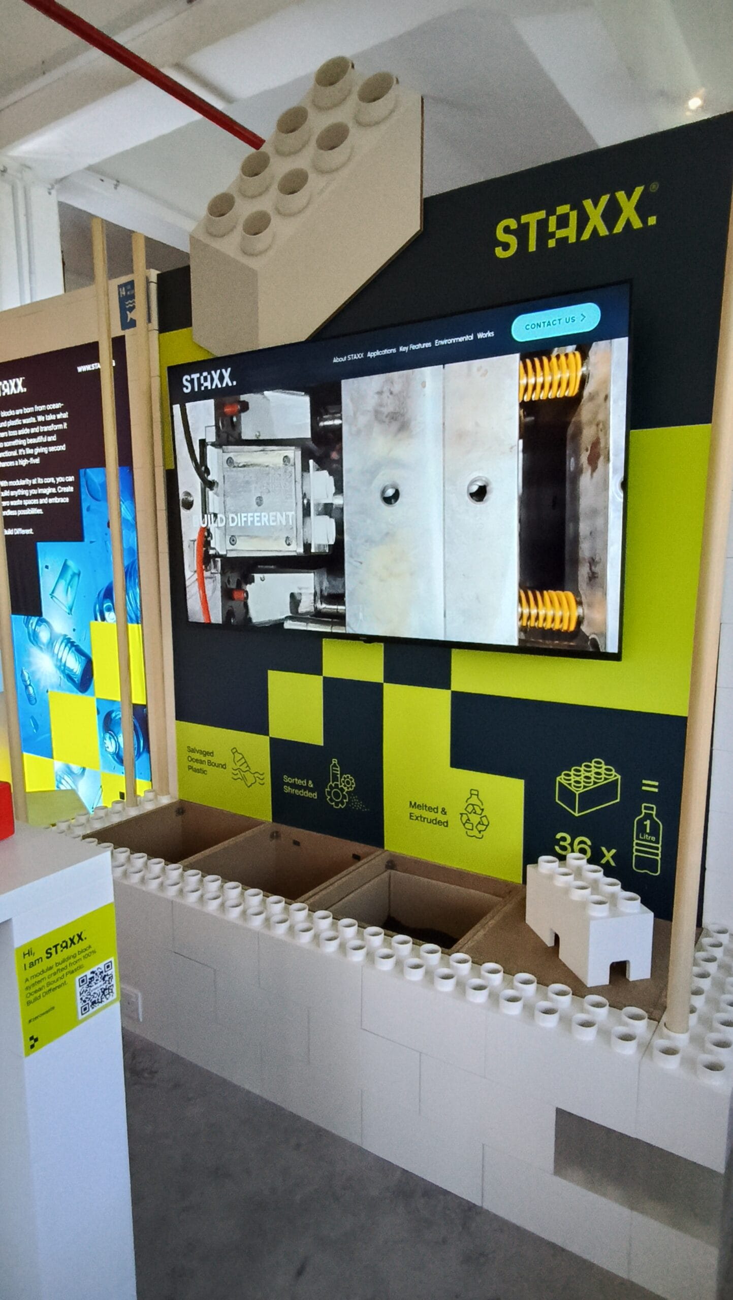 A work-in-progress exhibition booth made from STAXX blocks. Photo courtesy of Lyana Musfirah and reXtore.