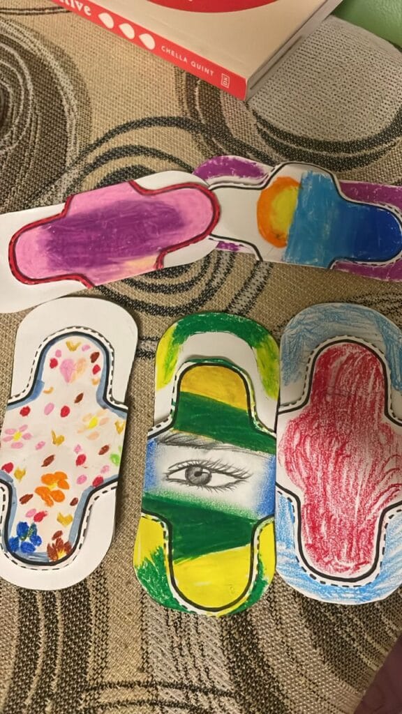 Children’s drawings on period pads.